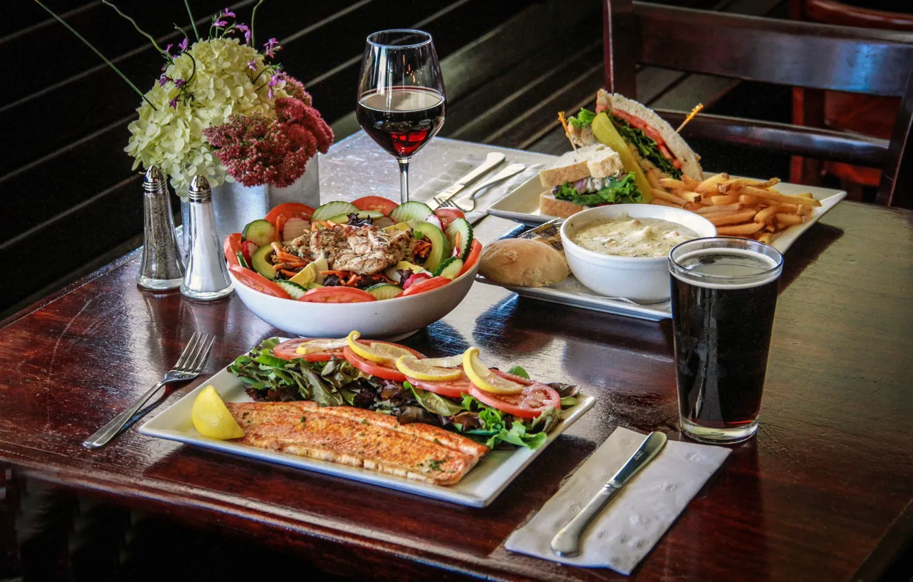 Photo wallpaper greens, table, wine, food, fish, Cola