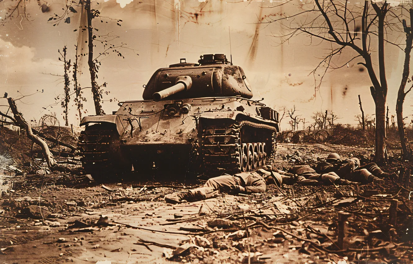 Photo wallpaper retro, Germany, Panther, soldiers, tank, front, corpses, WWII