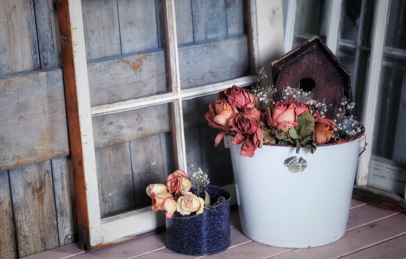 Photo wallpaper flowers, background, bucket