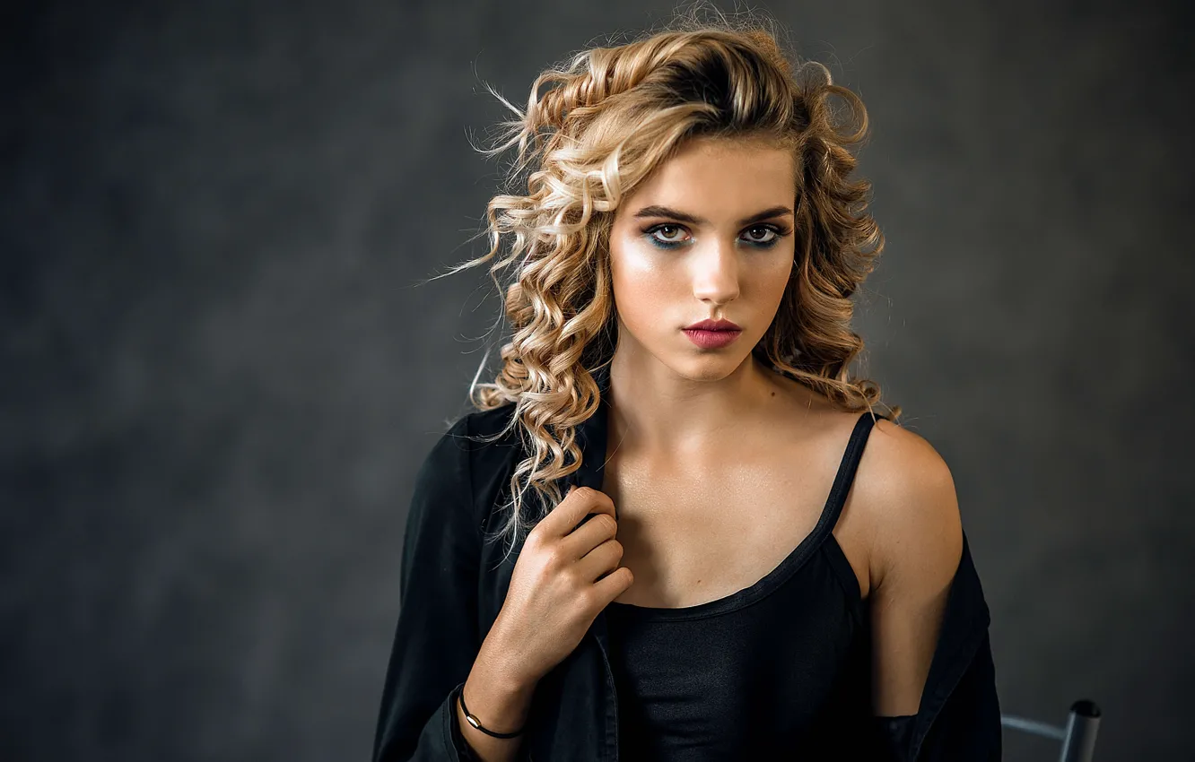 Photo wallpaper girl, makeup, Mike, blonde, blouse, curls, Vladimir Vasiliev