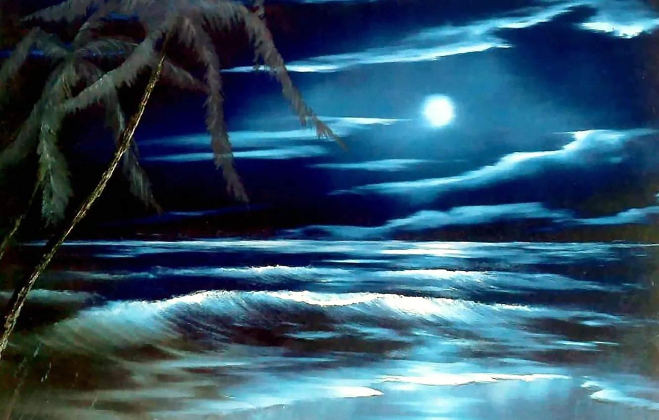 Photo wallpaper wave, the sky, water, landscape, night, palm trees, the moon, picture