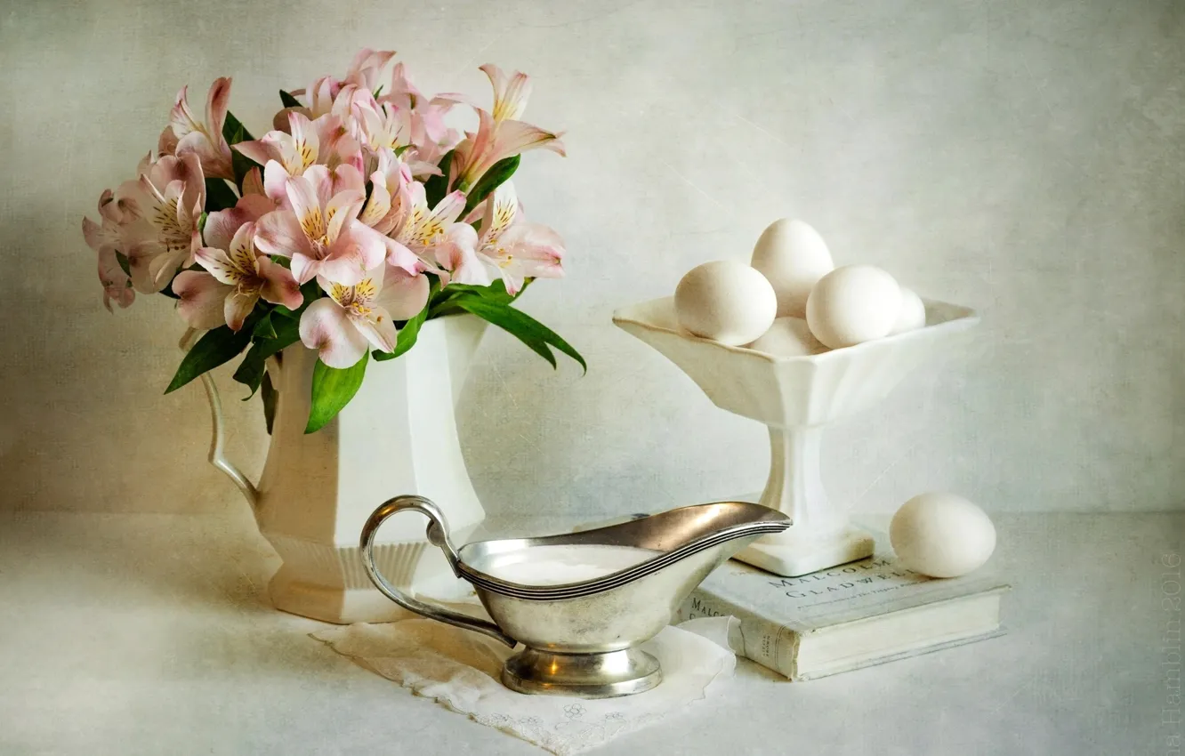 Photo wallpaper eggs, still life, sour cream, Alstroemeria