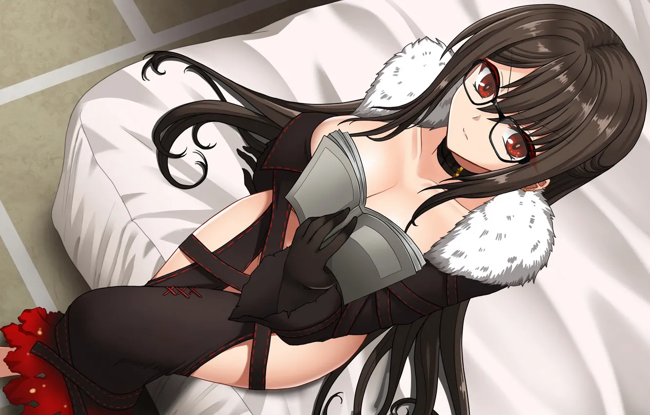 Photo wallpaper girl, sexy, cleavage, long hair, dress, brown hair, boobs, anime