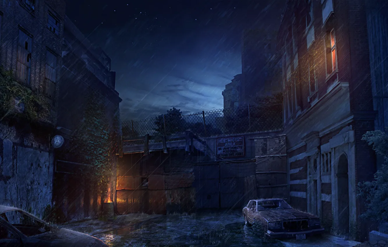 Photo wallpaper machine, the sky, stars, night, the city, wall, rain, building