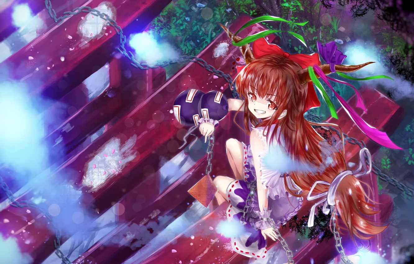 Photo wallpaper girl, chain, tape, horns, bow, weight, red hair, Ibuki Suika