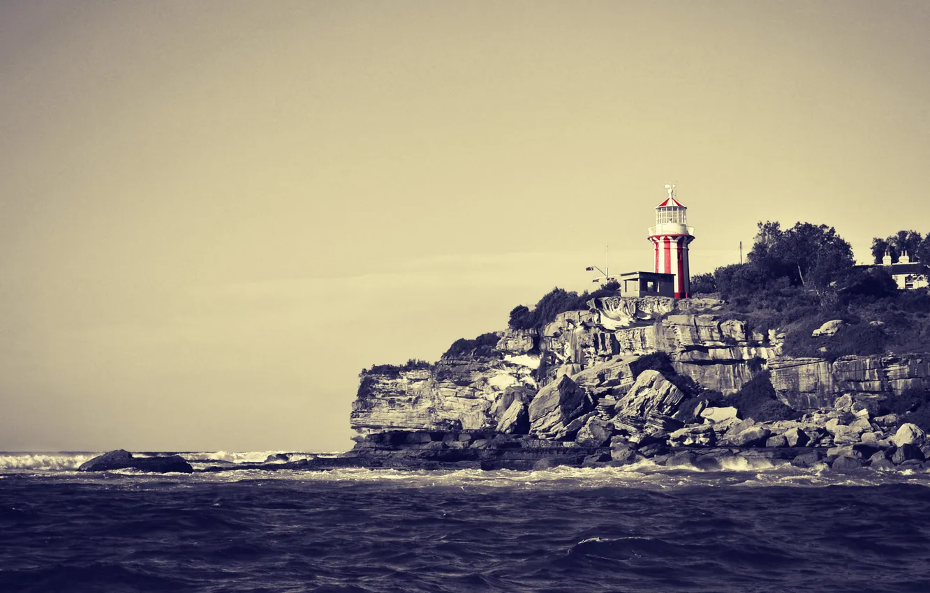 Photo wallpaper sea, stones, shore, lighthouse