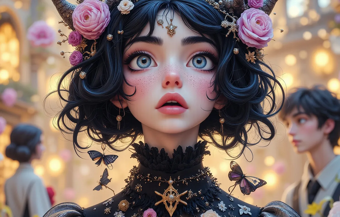 Photo wallpaper girl, butterfly, roses, surprise, fantasy, ball, Neuroart, AI ART