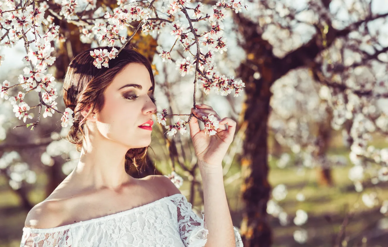 Photo wallpaper white, girl, light, trees, flowers, branches, nature, pose