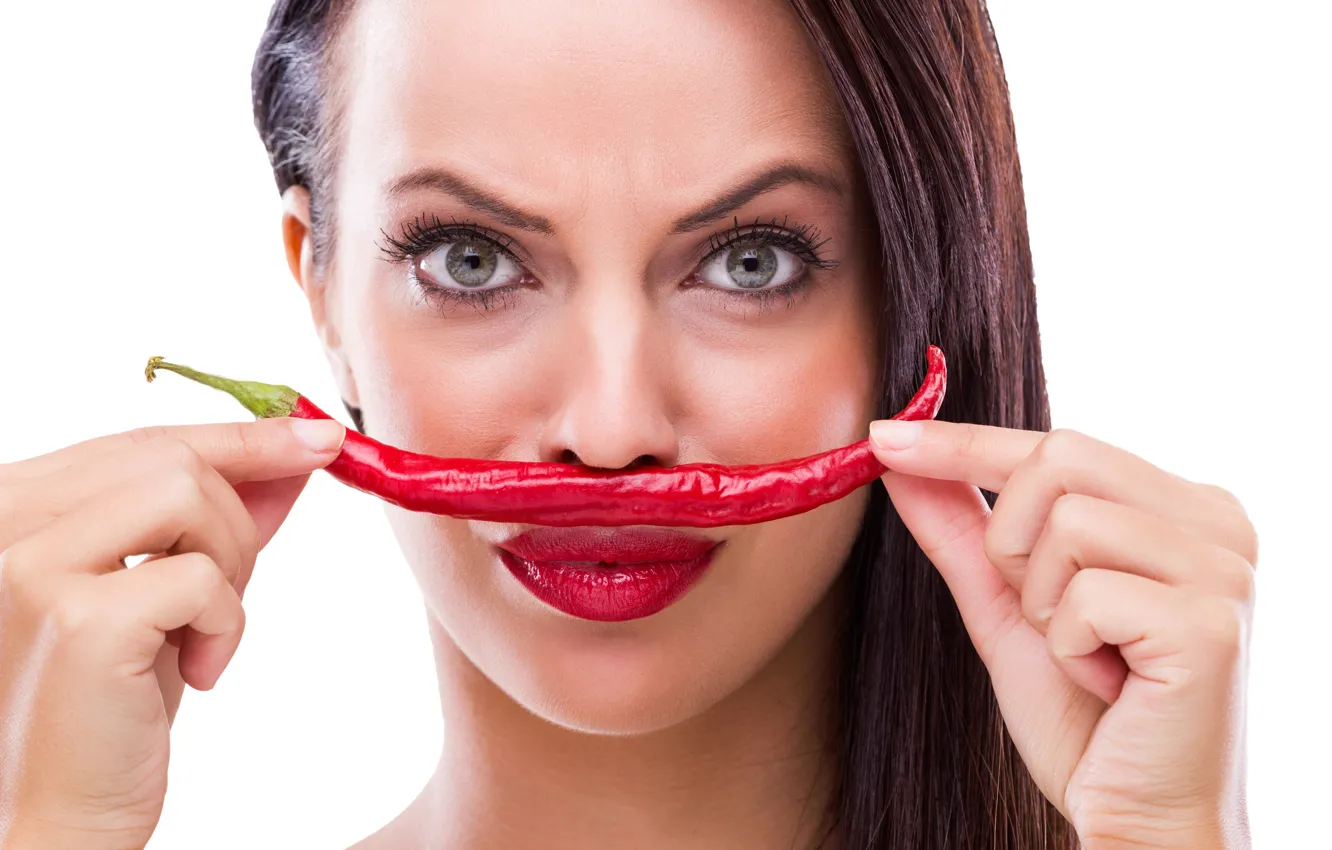 Photo wallpaper mustache, look, girl, close-up, red, face, mood, hands