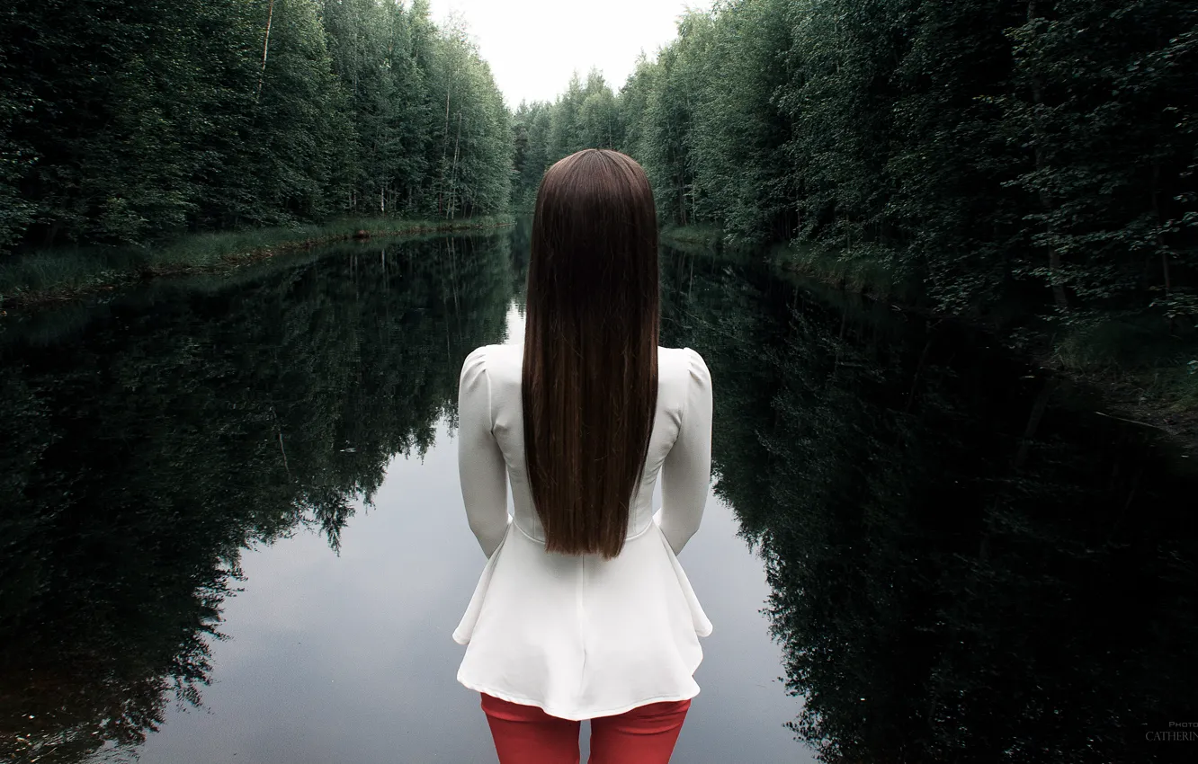 Photo wallpaper forest, water, Park, girls, overcast, hair, mystic, the atmosphere