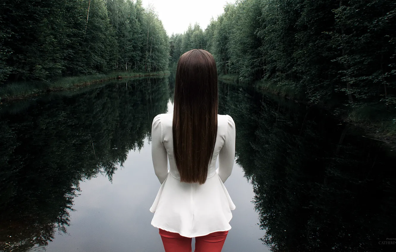 Photo wallpaper forest, water, girl, Park, overcast, hair, mystic, the atmosphere