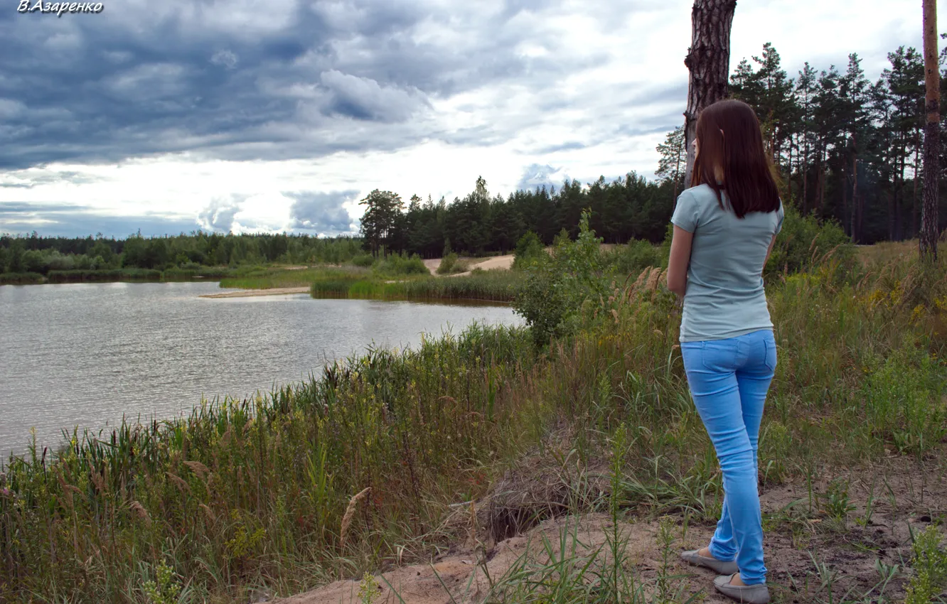 Photo wallpaper the sky, girl, clouds, nature, lake, elf, view, figure