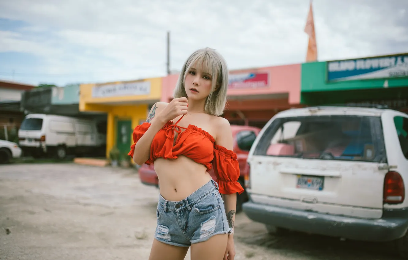 Photo wallpaper girl, sexy, shorts, blouse, model, asian, cute