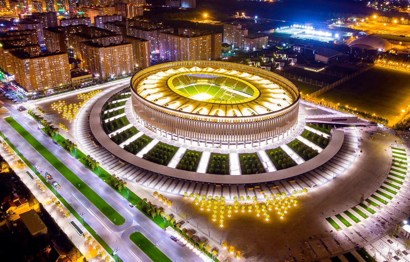 Photo wallpaper night, city, the city, lights, Park, football, Russia, Russia