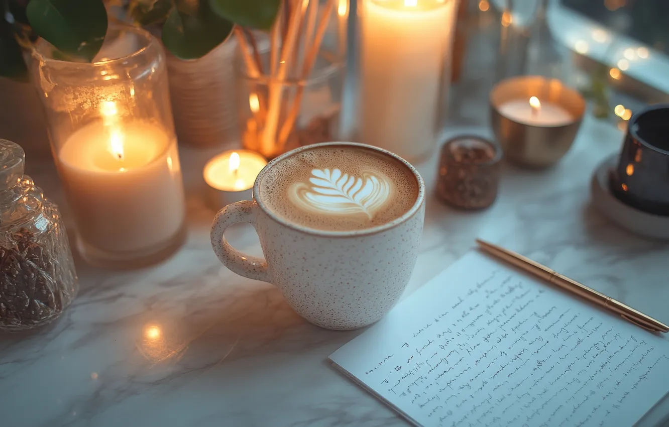 Photo wallpaper comfort, paper, table, coffee, candles, Cup, records, cappuccino