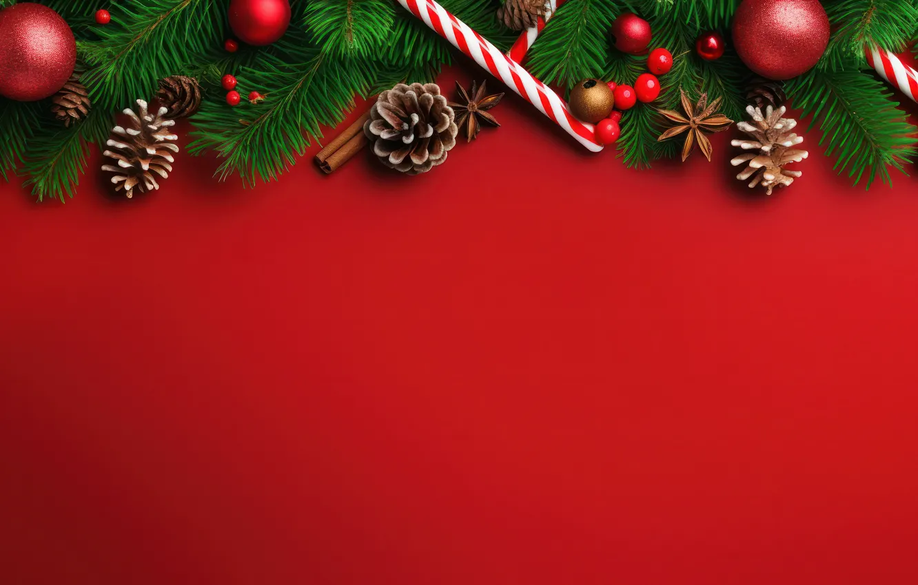 Photo wallpaper balls, branches, red, new year, Christmas, needles, bumps, red background