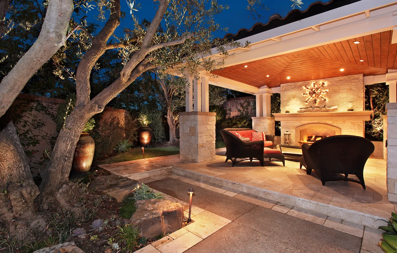 Photo wallpaper night, design, photo, interior, chair, fireplace