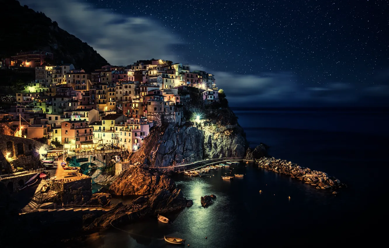 Photo wallpaper sea, light, the city, mountain, the evening, lights, Italy