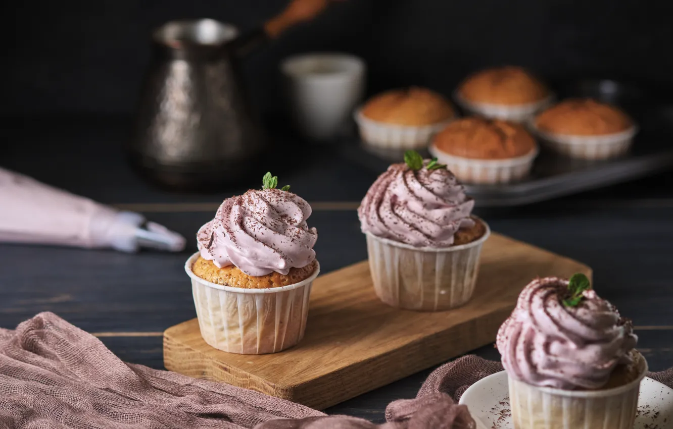 Photo wallpaper leaves, mint, cream, dessert, cupcakes, Moshko Viktor