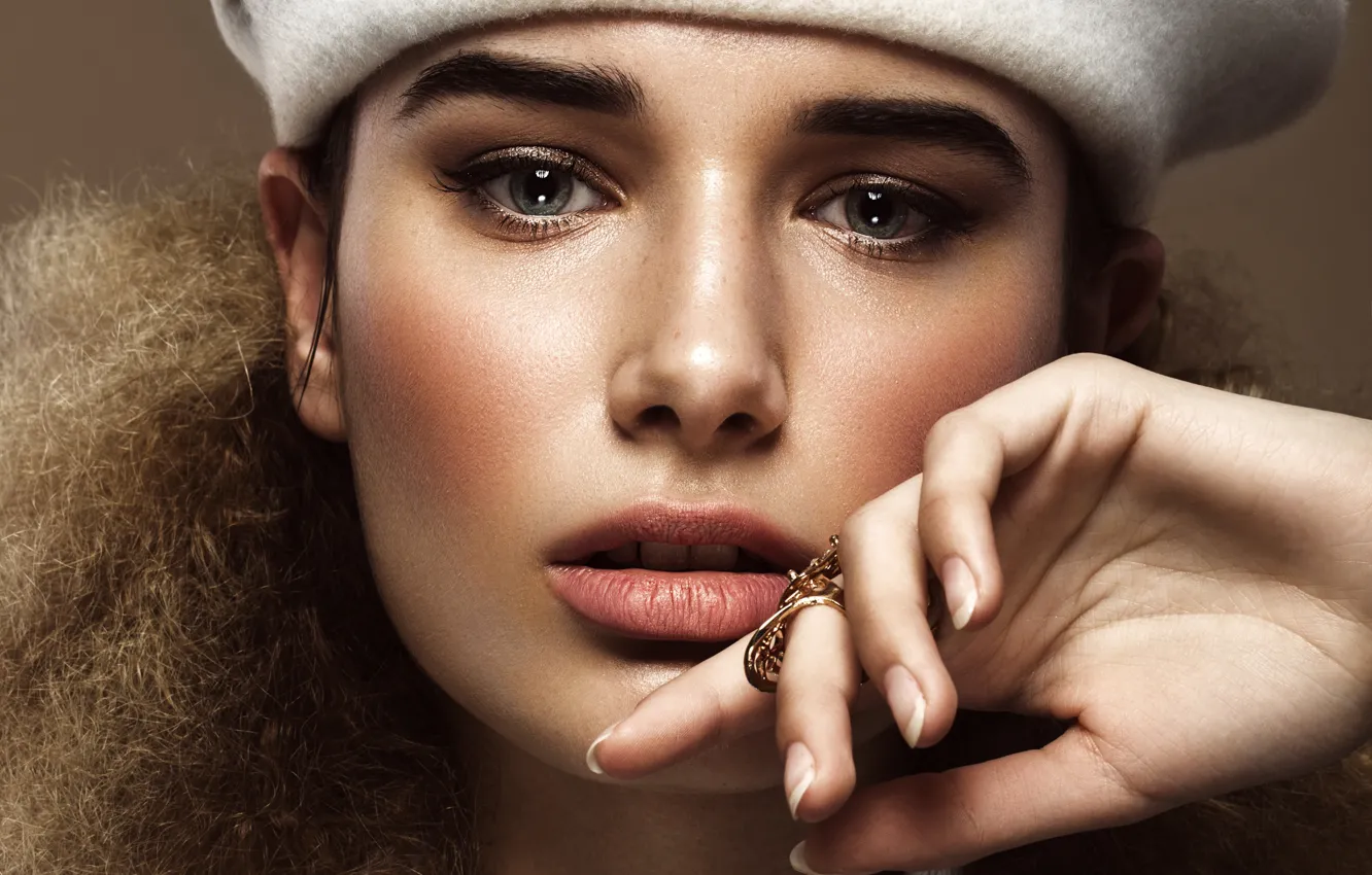 Photo wallpaper white, look, close-up, face, background, portrait, hands, makeup