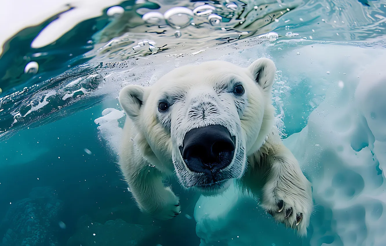 Photo wallpaper face, water, predator, bear, polar bear, digital art, AI art, The Art of Artificial Intelligence