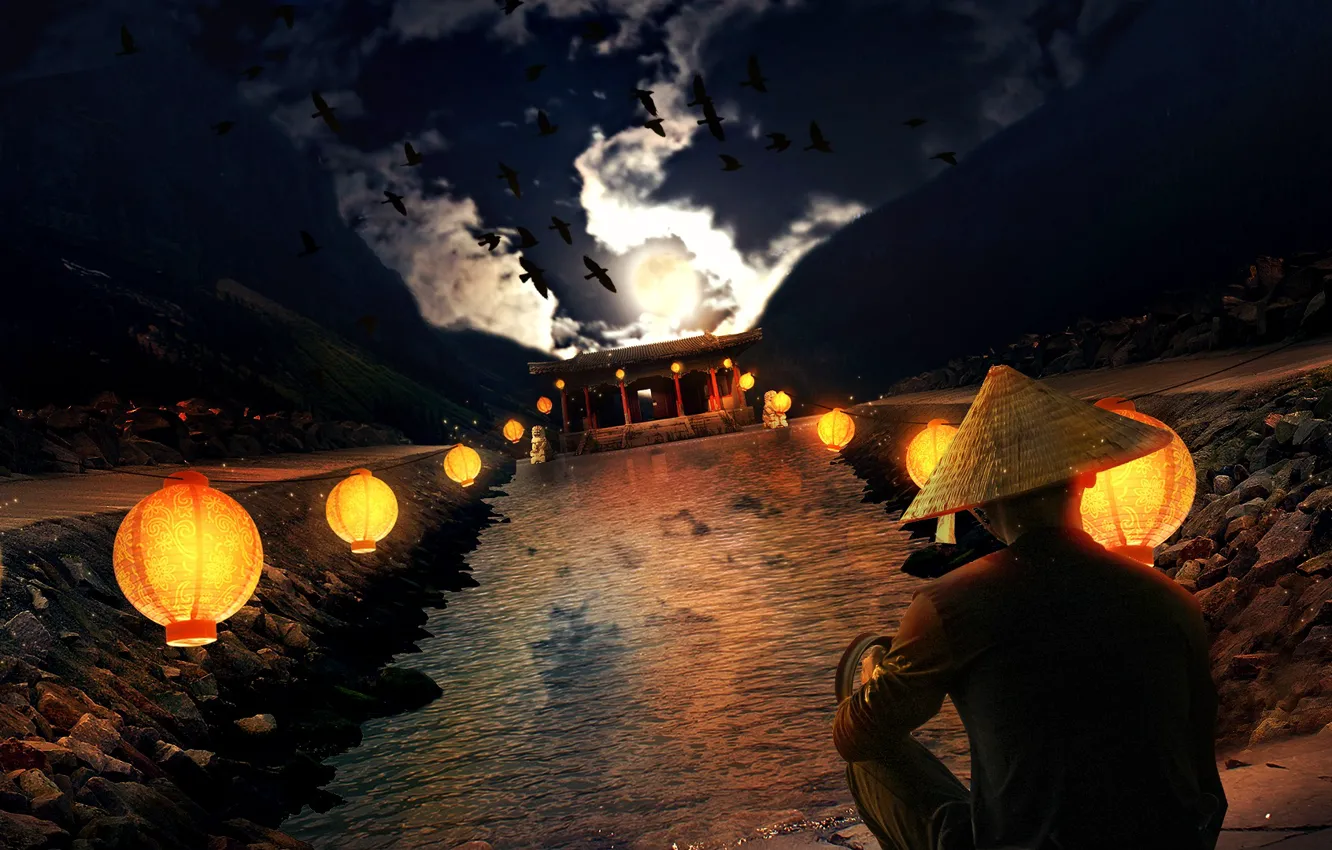 Photo wallpaper water, night, flashlight, monk, temple, male
