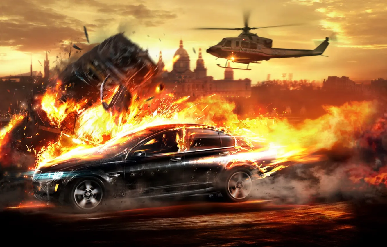Photo wallpaper fire, helicopter, Wheelman, Chase