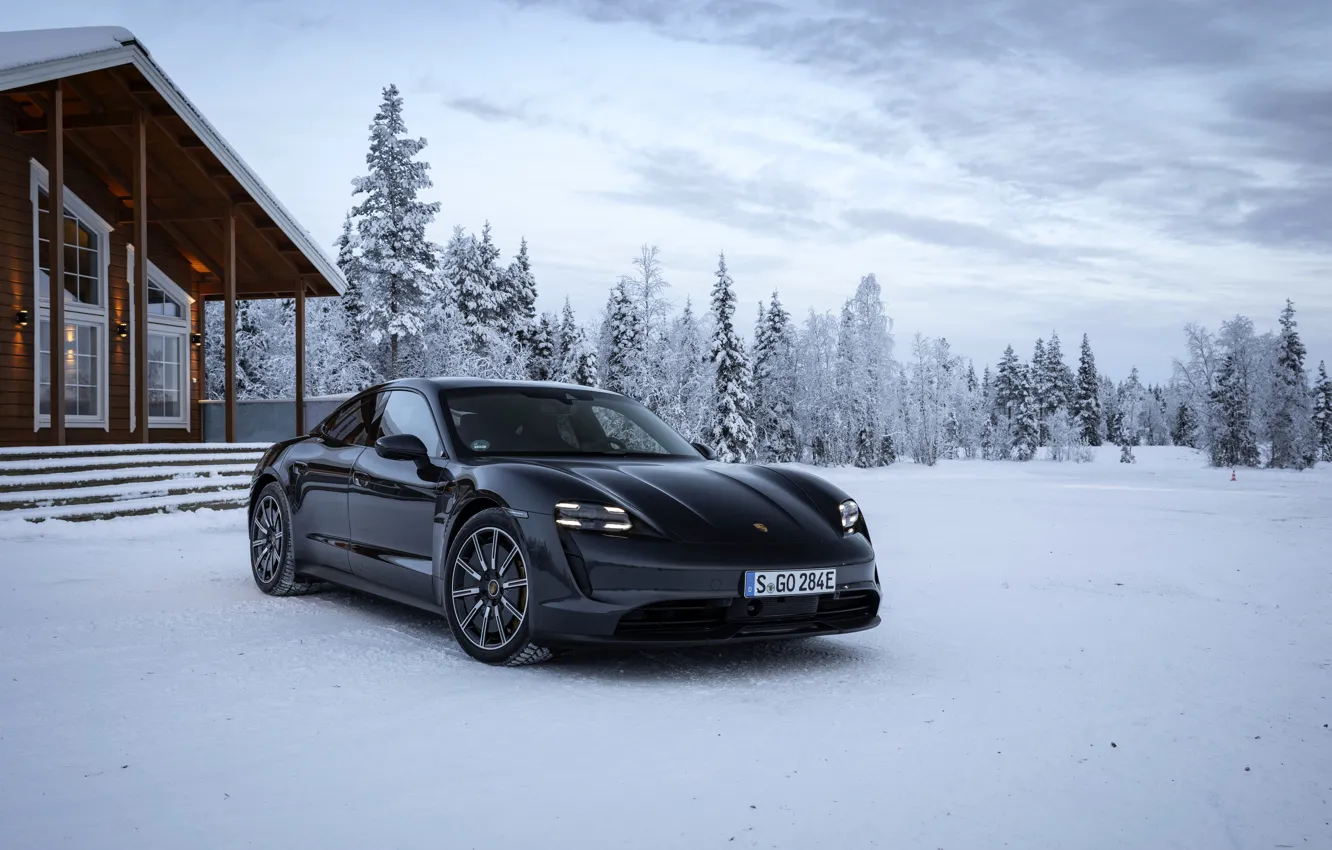 Photo wallpaper snow, black, Porsche, hut, 2020, Taycan, Taycan 4S