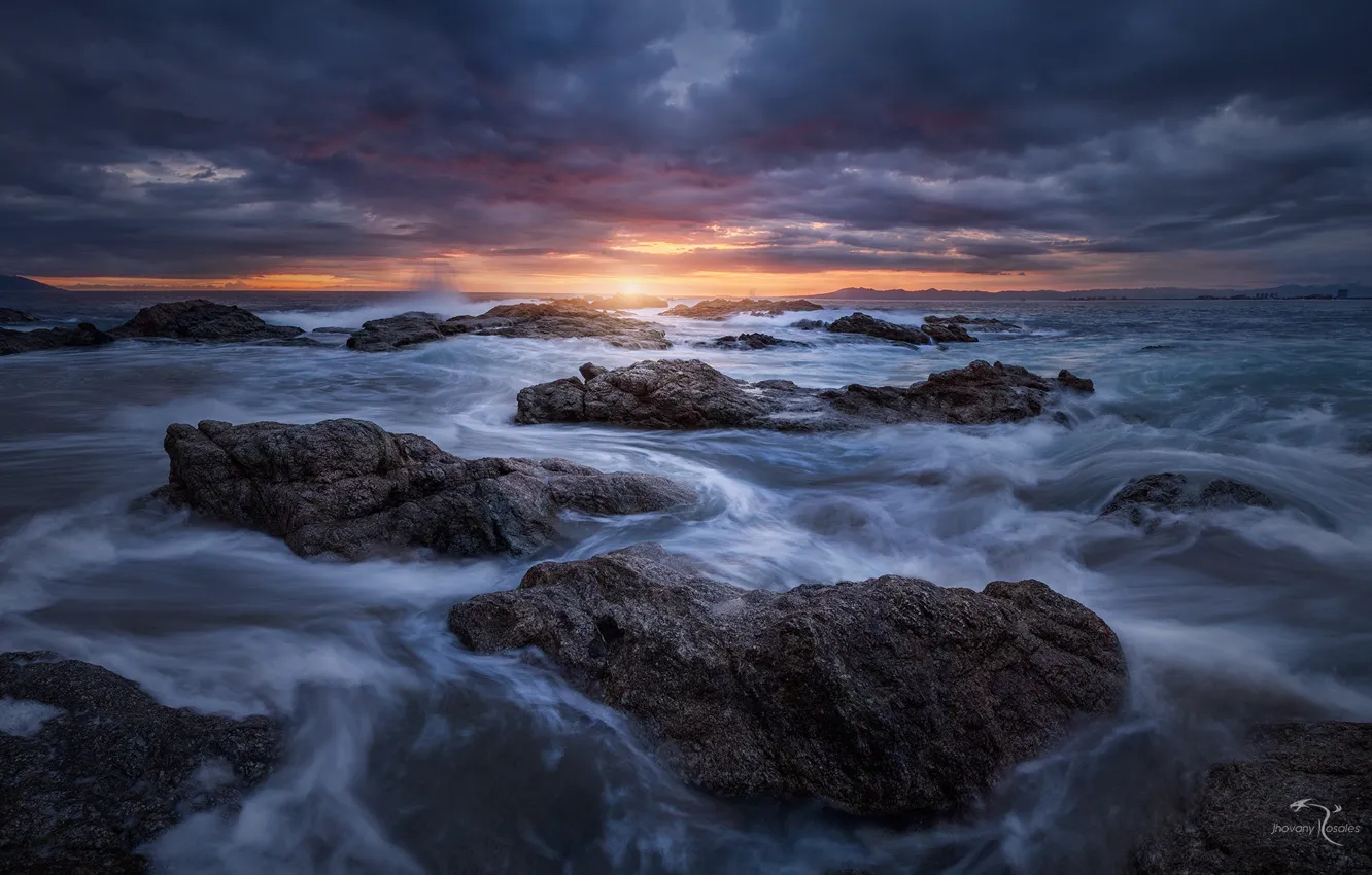 Photo wallpaper sea, wave, nature, stones, stream, the evening