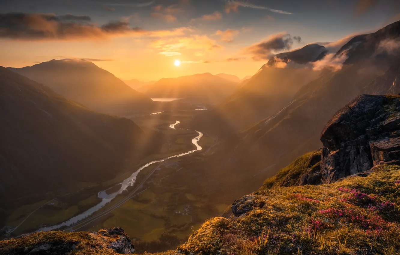 Photo wallpaper the sky, the sun, mountains, river, dawn, view, height, Norway