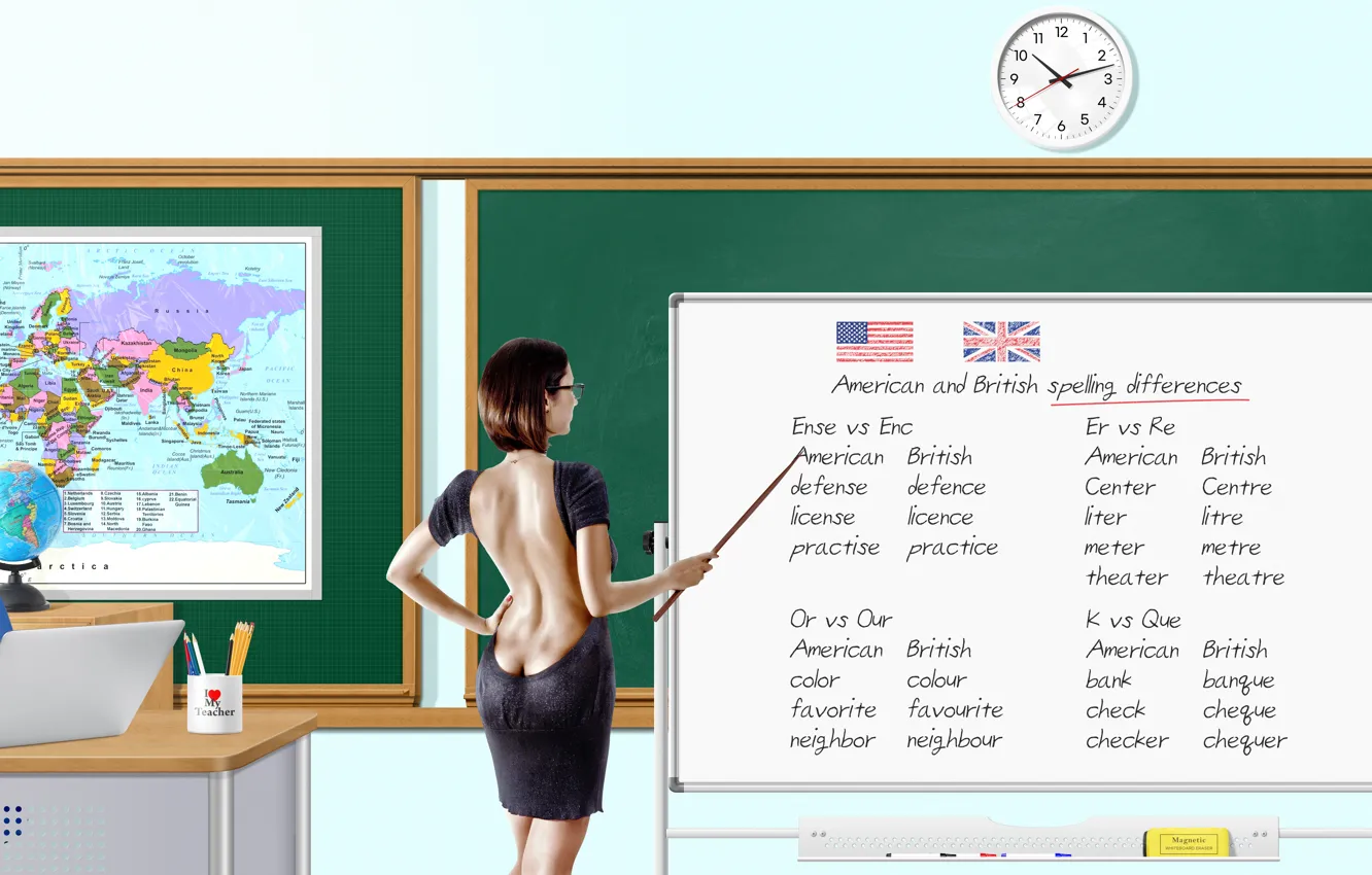 Photo wallpaper British, dress, teacher, English, classroom, whiteboard, differences, amerian