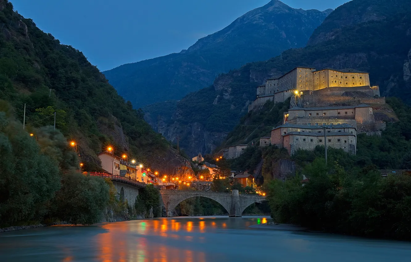 Photo wallpaper mountains, night, bridge, lights, river, Italy, Bar, Valle d'aosta