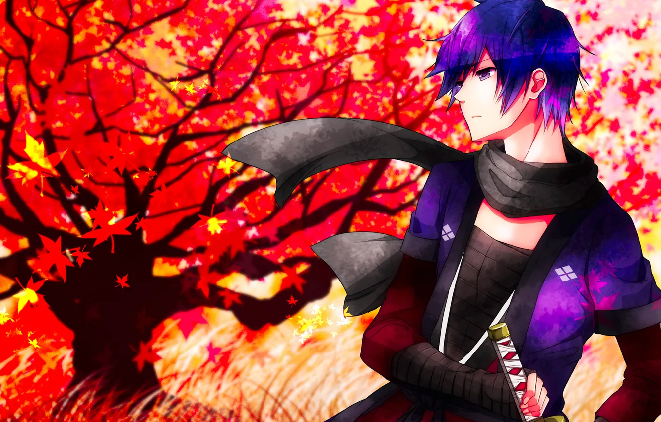 Photo wallpaper autumn, leaves, weapons, tree, sword, katana, guy, falling leaves