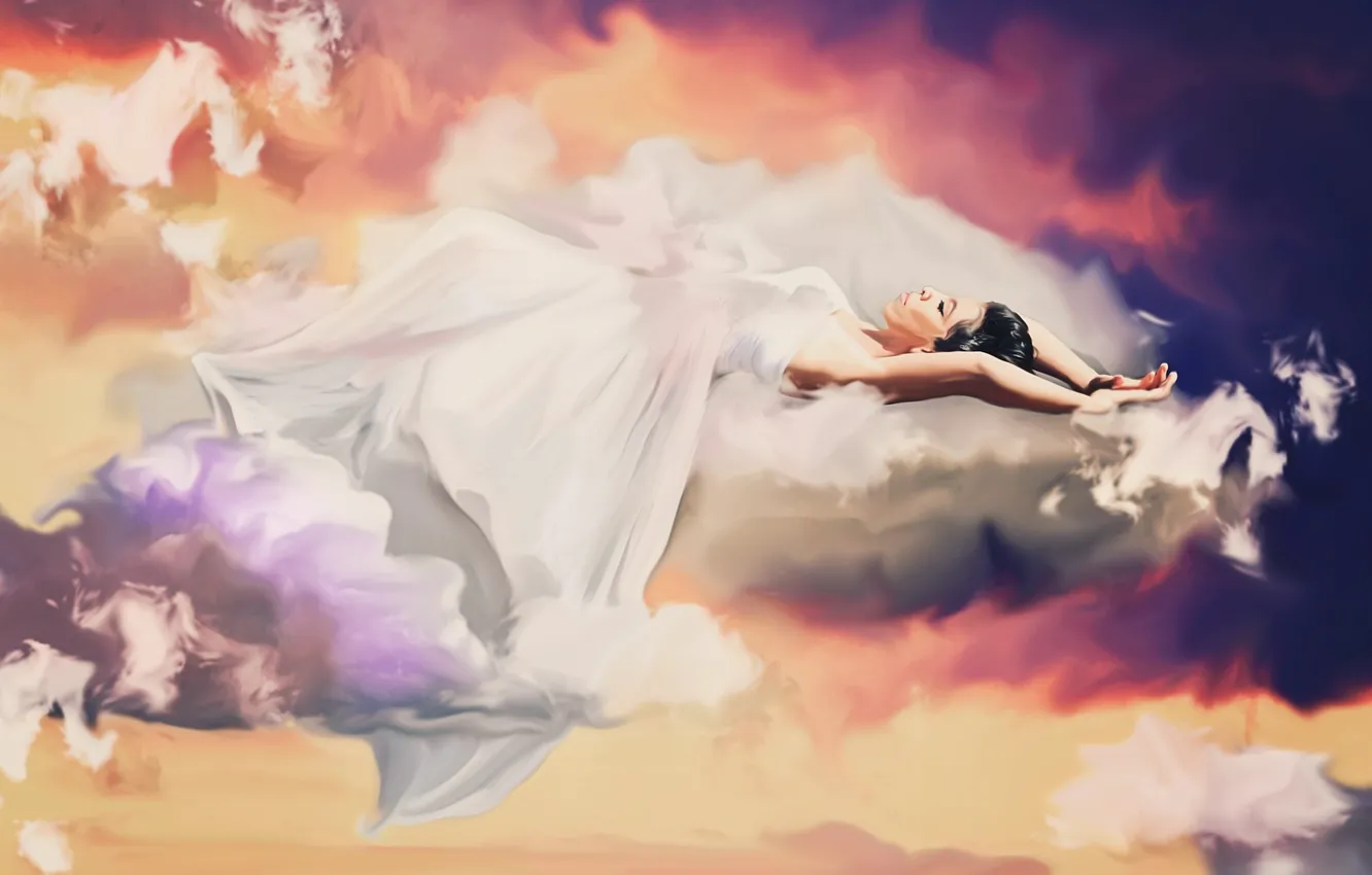 Photo wallpaper the sky, clouds, Nirvana, woman, sleep, white dress, weightlessness