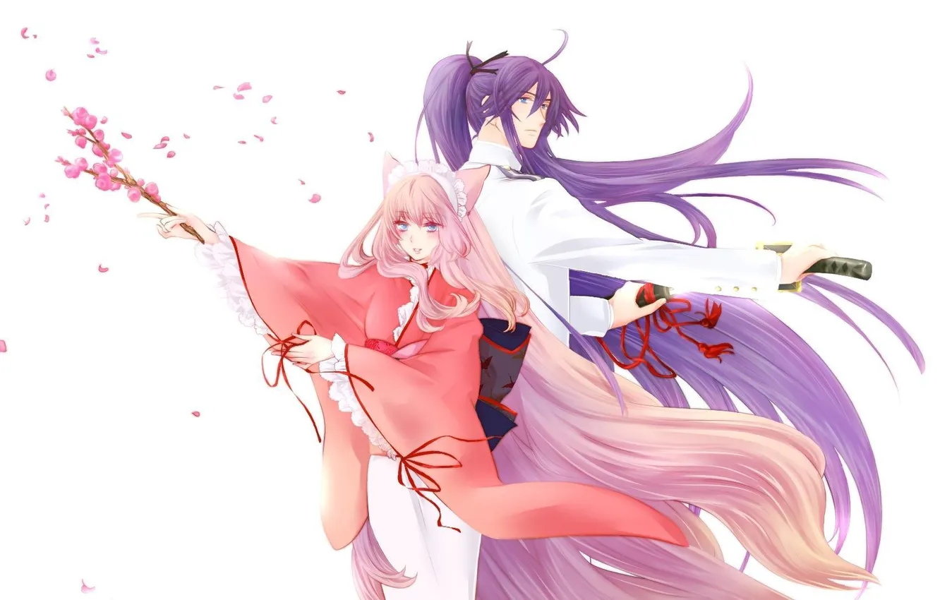 Photo wallpaper girl, weapons, spring, anime, Sakura, guy, kimono, vocaloid
