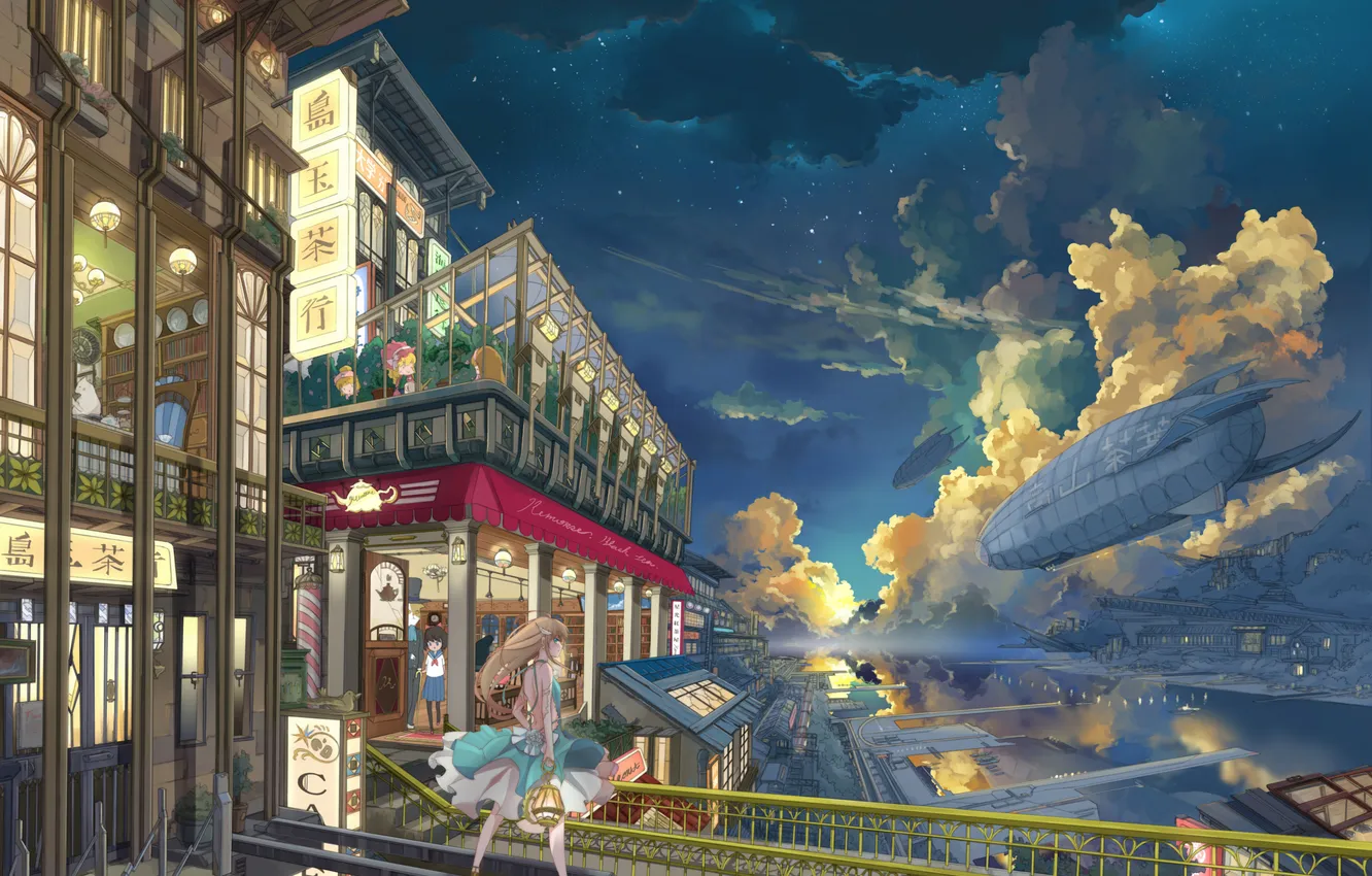 Photo wallpaper girl, sunset, the city, people, anime, art, lights, the airship