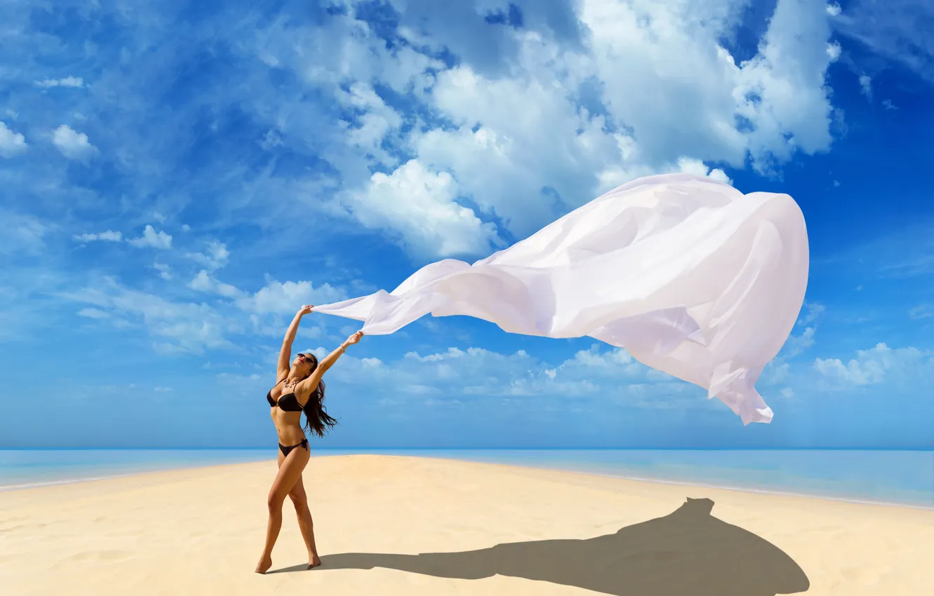 Photo wallpaper sand, beach, swimsuit, the sky, girl, clouds, black, model