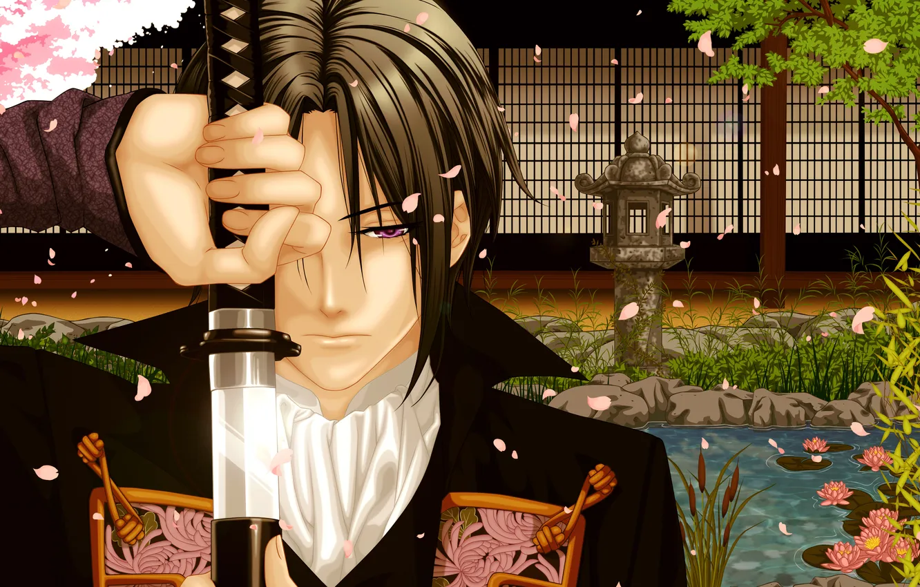 Photo wallpaper vector, sword, katana, garden, male, Hakuouki, demons pale cherry, Pilgrimage Chop Toshizou