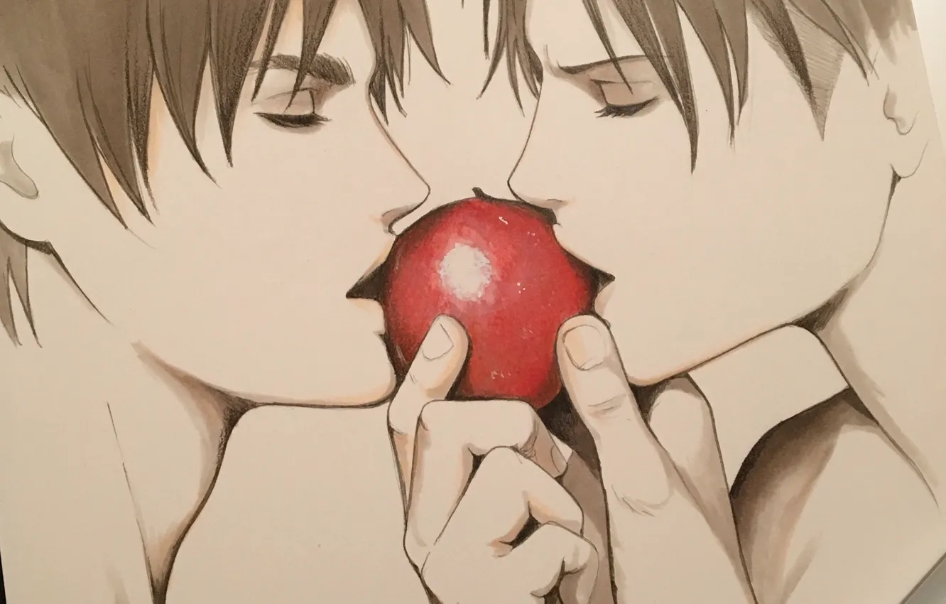 Photo wallpaper apples, figure, hands, art, guy, Shingeki no Kyojin, Attack Of The Titans, Eren Yeager