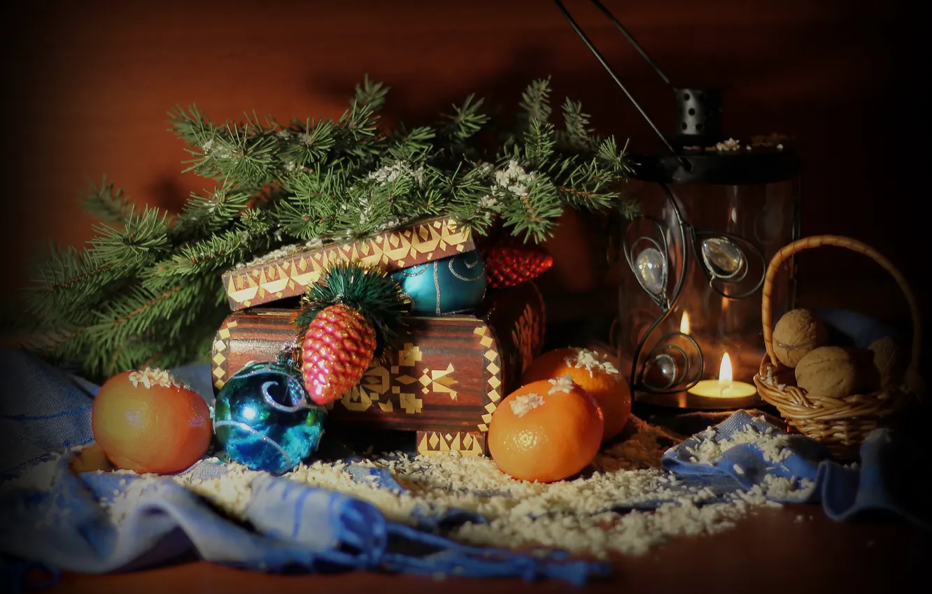 Photo wallpaper winter, snow, holiday, tree, new year, Christmas, lantern, box