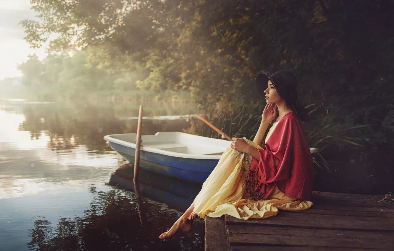 Photo wallpaper girl, trees, reverie, pose, fog, green, sweetheart, boat