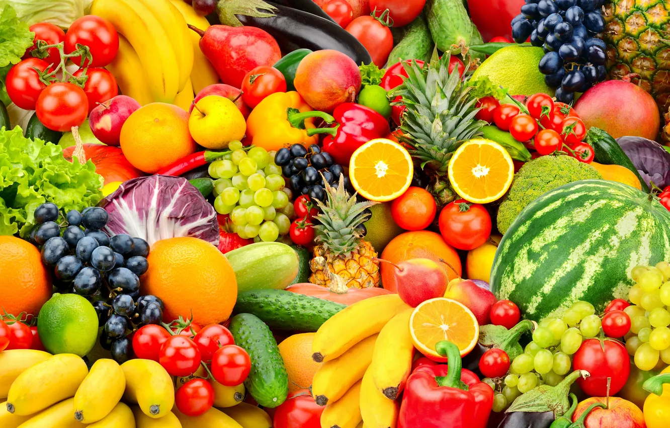 Photo wallpaper food, grapes, fruits, apples, bananas, watermelons