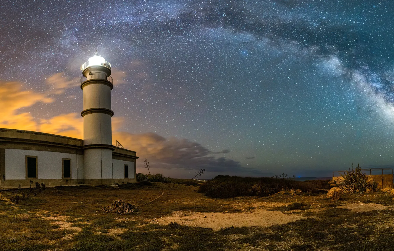 Photo wallpaper stars, night, shore, lighthouse, panorama, the milky way