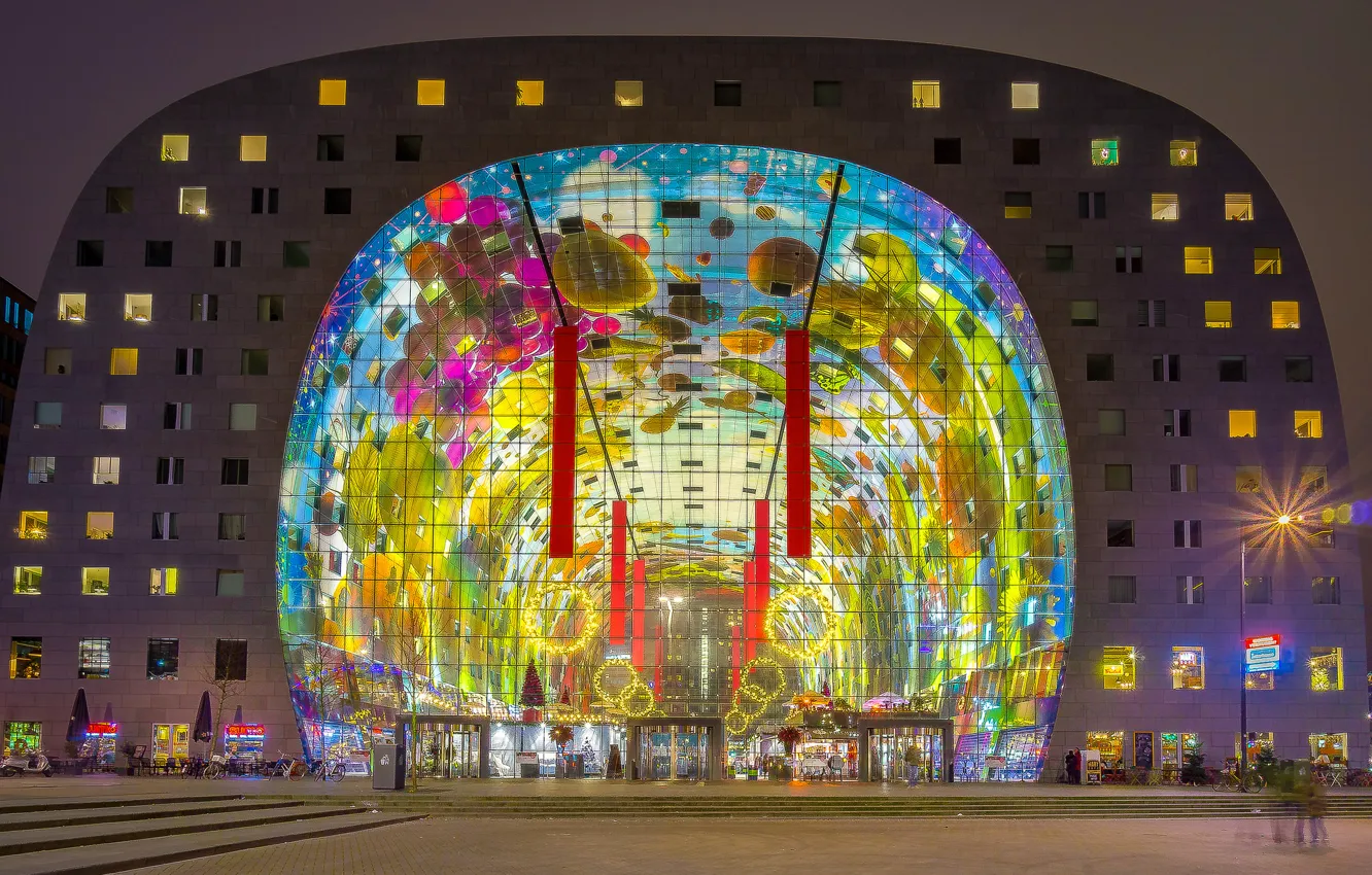 Photo wallpaper night, lights, Netherlands, Rotterdam, Markthal, indoor market