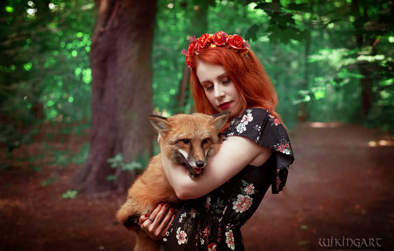 Photo wallpaper forest, girl, nature, Park, each, foliage, makeup, dress