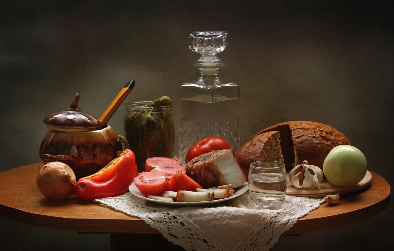 Photo wallpaper bow, bread, still life, vodka, tomato, cucumbers, garlic, appetizer