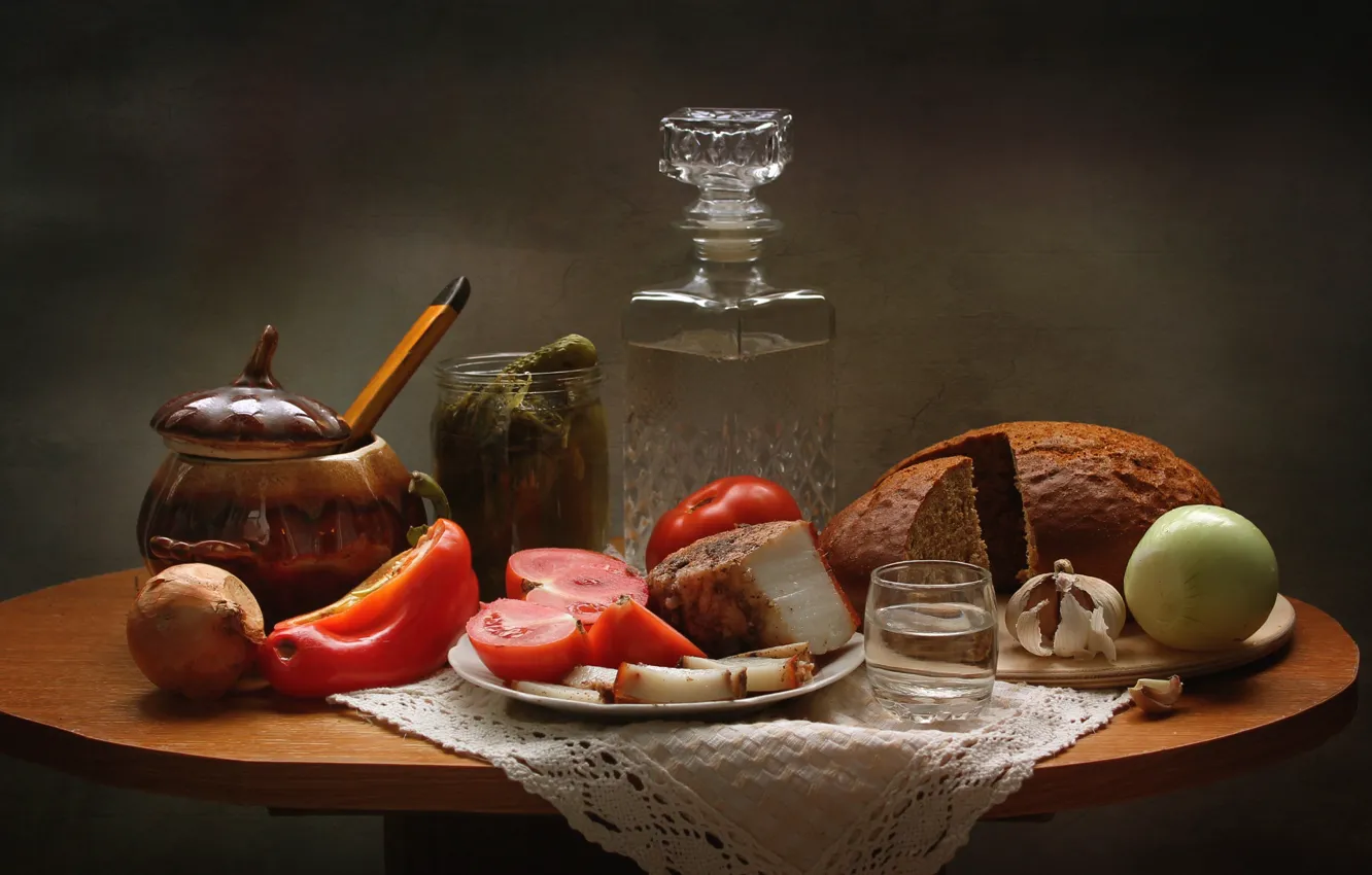 Photo wallpaper bow, bread, still life, vodka, tomatoes, cucumbers, garlic, appetizer