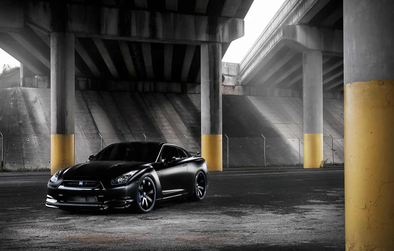 Photo wallpaper black, tuning, overpass, GTR, columns, supercar, Nissan, Nissan