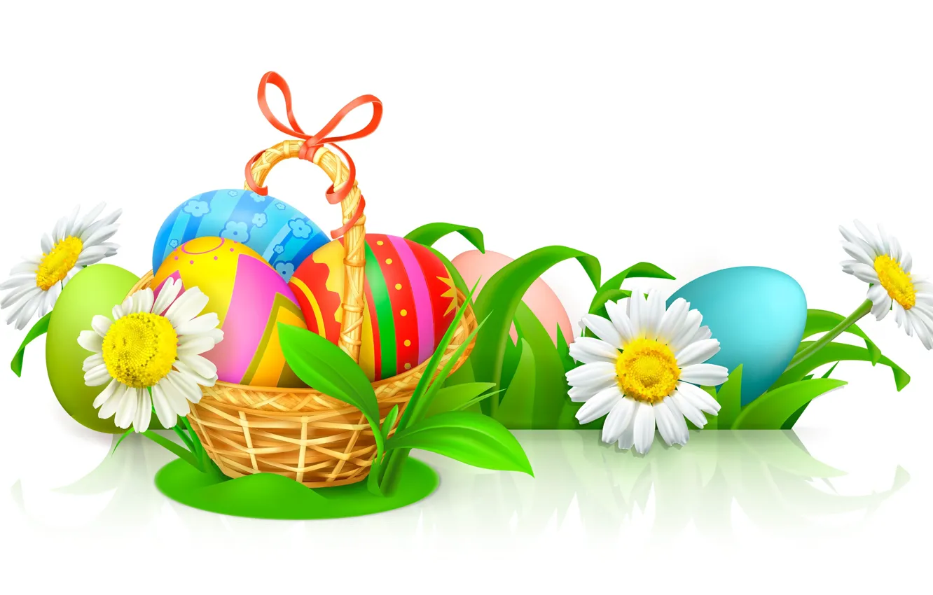 Photo wallpaper basket, chamomile, eggs, Easter