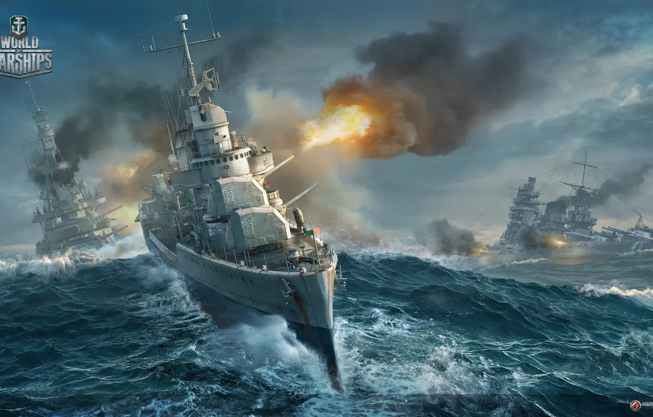 Photo wallpaper sea, wave, lights, the ocean, ship, battle, volley, sea